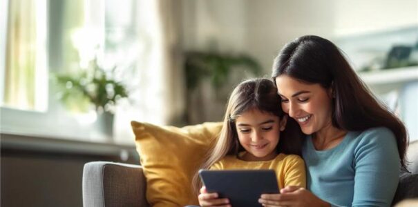 a mother and daughter on a tablet